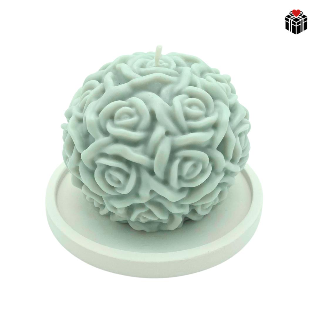 ROSENBALL-KERZE + UNTERSETZER