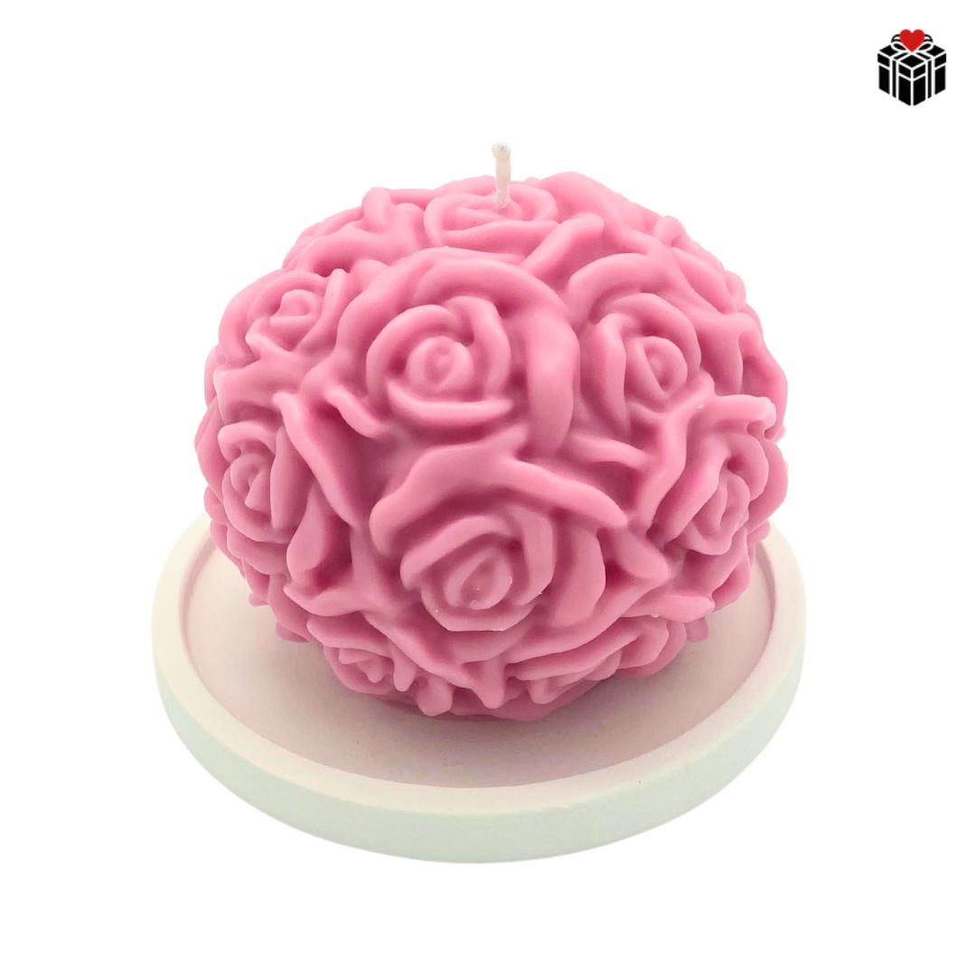 ROSENBALL-KERZE + UNTERSETZER