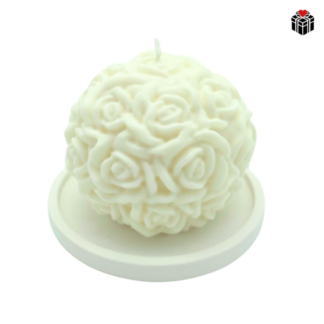 ROSENBALL-KERZE + UNTERSETZER