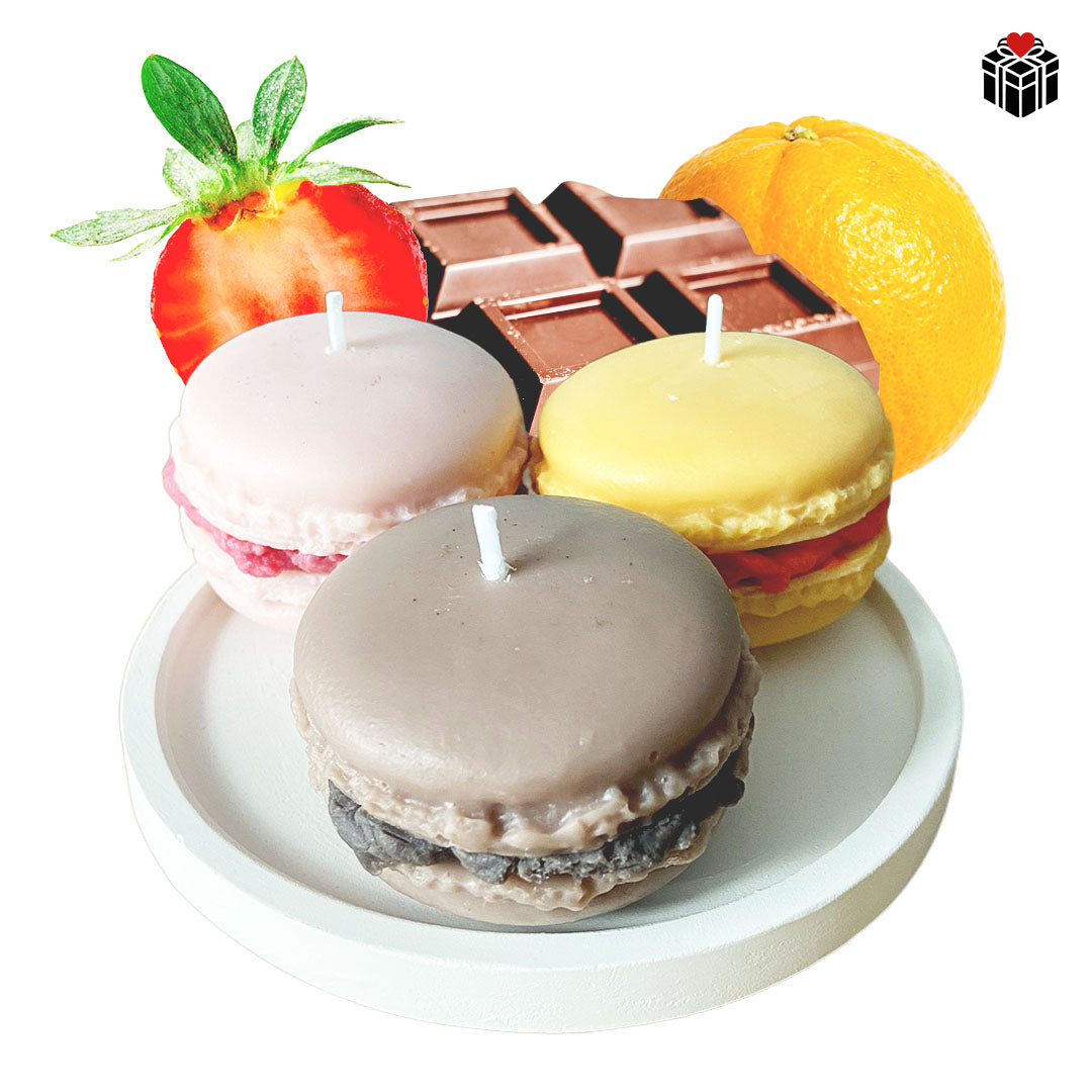 MACARON-KERZEN (3er-Pack) + UNTERSETZER