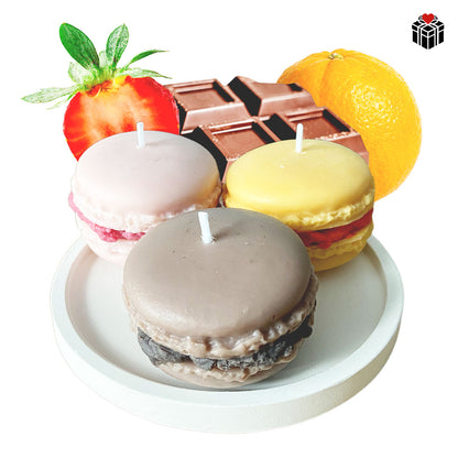 MACARON-KERZEN (3er-Pack) + UNTERSETZER