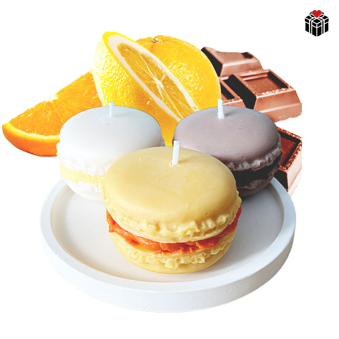 MACARON-KERZEN (3er-Pack) + UNTERSETZER